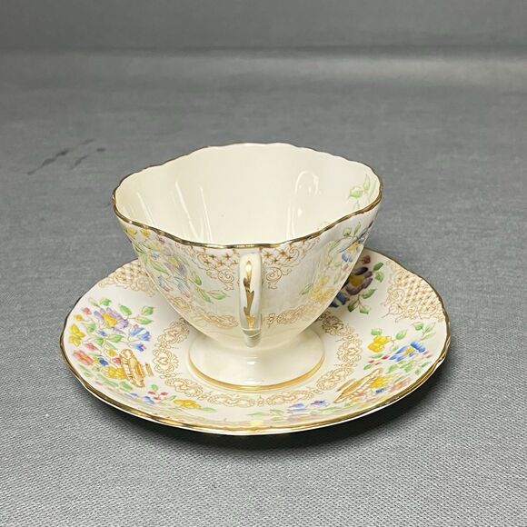 Vntg Hammersley Daffodil Pattern TeaCup Saucer Yellow Pink Blue Flower England - Picture 10 of 13